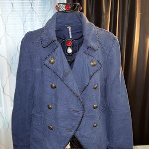 FP Movement by Free People Navy Double-Breasted Linen Blazer